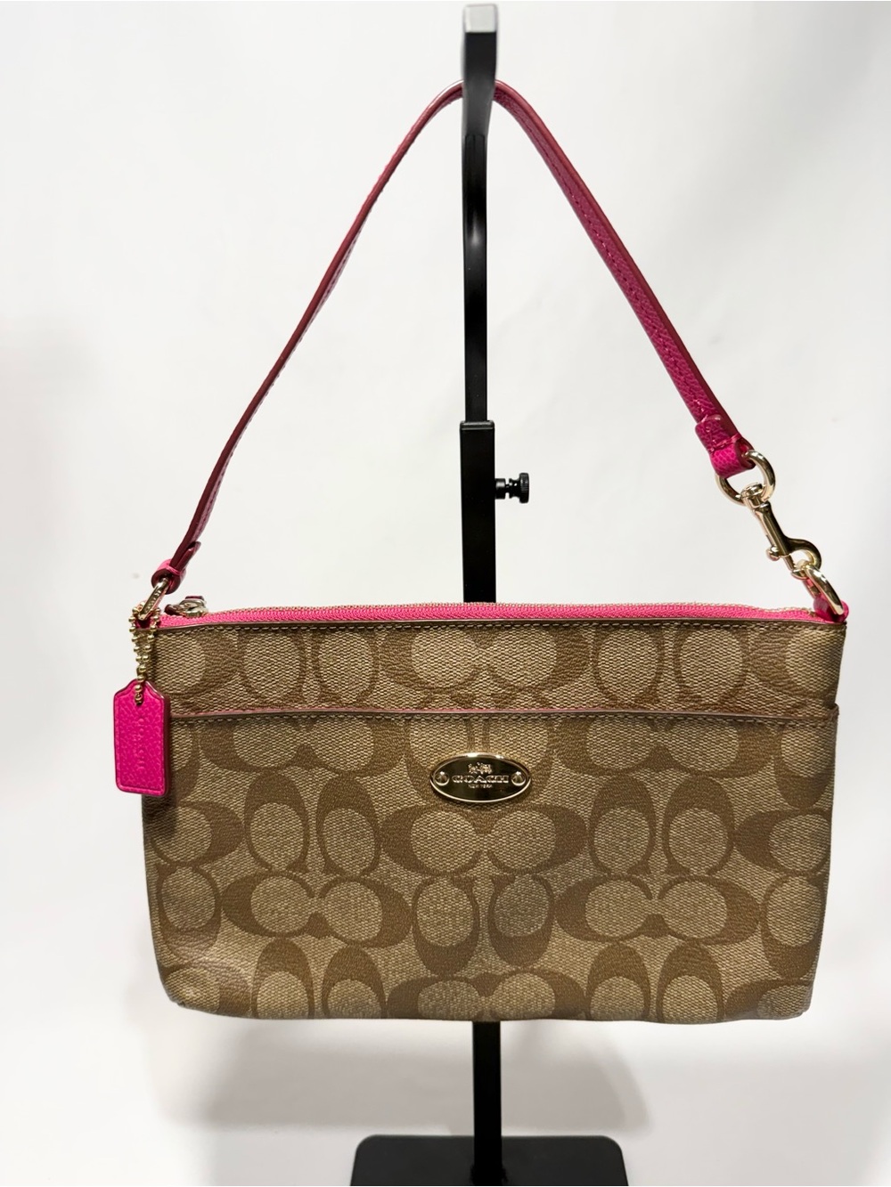 Coach Brown Signature Canvas Shoulder Bag with Pink Trim